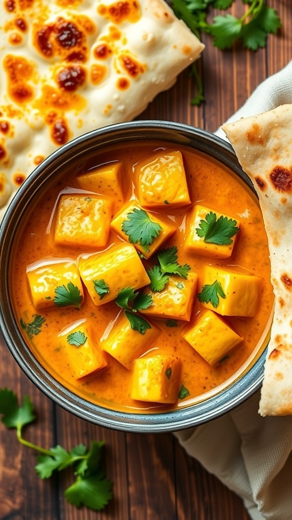 Butter Paneer Krishna Recipe Butter Paneer Krishna in a bowl with naan on the side, garnished with coriander.